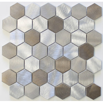 New Amsterdam Brushed Aluminum Hexagon Mosaic Tile, 12"x12"
