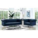 Inspired Home - Grete PU Leather Club Chair Gold Tone Nailhead Trim with Y-legs, Navy - Our PU leather chesterfield club chair adds a gentle sophistication in the confines of your living room, bedroom or entryway. Featuring rich hued button tufted PU leather with contrasting tone nail head decorative trim, this elegant accent piece provides both functionality and a focal point of color and style that seamlessly blend with your main furniture to create a dynamic and cozy interior space to come home to.