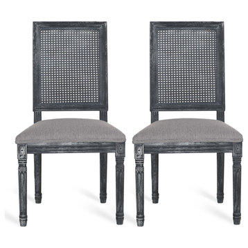 Brownell French Country Wood and Cane Upholstered Dining Chair, Set of 2, Gray