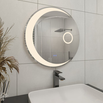 BNK Frameless Anti-Fog LED Wall Bathroom Mirror, 30", Round Mirror (Moon-Shaped Light)