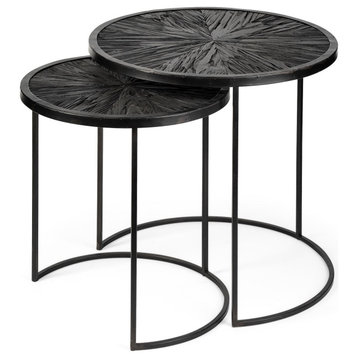Chakra Dark Brown Solid Wood w/ Black Metal Frame Round Accent Tables (Set of 2)