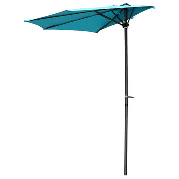 9' Half Round Vented Patio Wall Umbrella With Aluminum Pole, Dark Gray/Aqua Blue