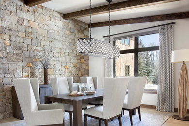 This is an example of a country dining room in Denver with white walls, light hardwood floors and beige floor.