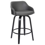 Armen Living - Alec 30" Bar Height Swivel Gray Faux Leather And Black Wood Bar Stool - Add a touch of mid-century modern glamour to your home with the Alec 30" Swivel Grey Faux Leather and Black Wood Bar Stool from Armen Living. The retro silhouette exudes timeless appeal that would easily fit into any home regardless of the existing design theme. The Alec kitchen stool features a beautiful wood frame and seat back that wrap around a luxurious high-density foam cushioned back and seat. Upholstered in soft faux leather upholstery, the Alec provides a full mobility with a 360-degree swivel function that enables you to engage with your guests regardless of their place in the room! Available in a 26" or 30" seat height, the Alec Bar or Counter Stool can easily incorporate into your kitchen or home bar area.