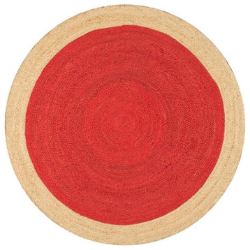 Farmhouse Area Rug, Round Pure Jute Design With Inner Red & Natural Boundary, 7'