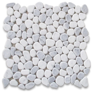 Carrara White Bardiglio Grey Marble Pebble Stone Nonslip Shower Tile, 1 sheet