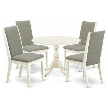 5 Pc Dining Set, 1 Drop Leaves Table, 4 Shitake Chairs, High Back, Linen White