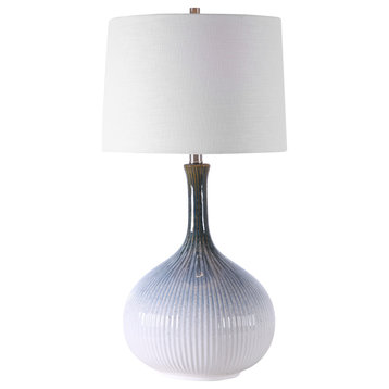 Mid Century Modern Fluted Ceramic Table Lamp Blue Cream Ribbed Retro Elegant