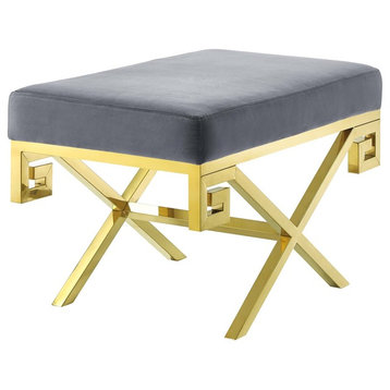 Modern Deco Living Accent Chair Bench, Velvet Fabric Metal Steel, Gold Gray
