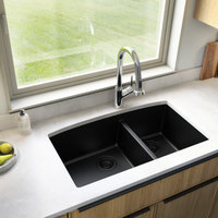 Karran Undermount Quartz 32" 60/40 Double Bowl Kitchen Sink, Black