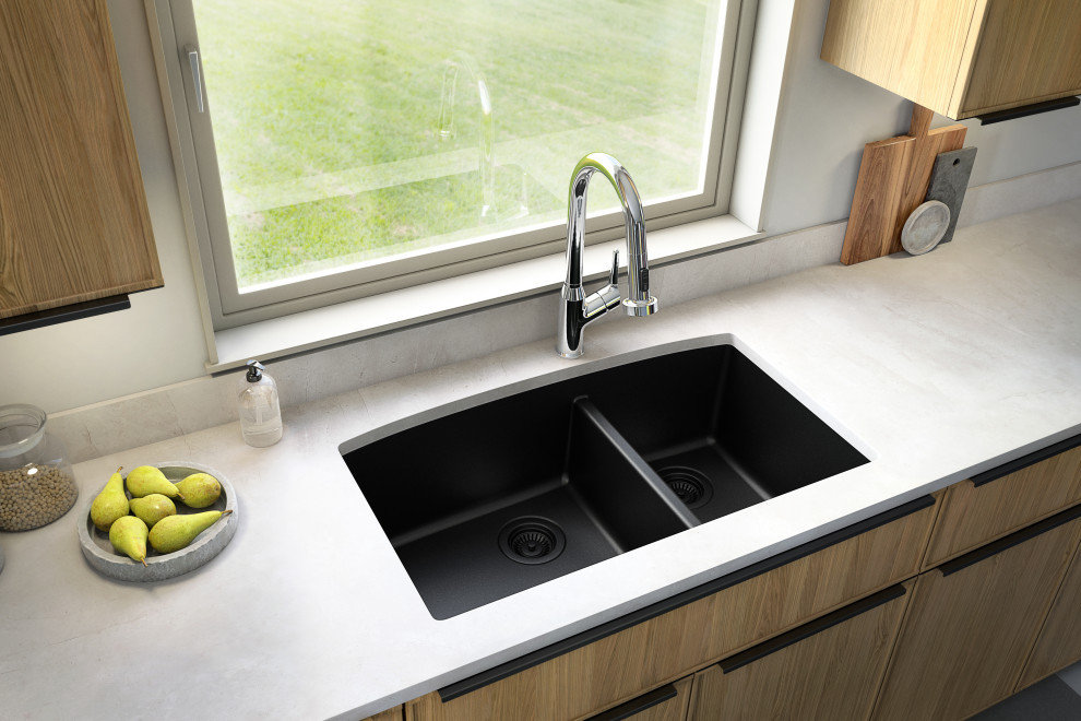 Karran Undermount Quartz 32" 60/40 Double Bowl Kitchen Sink, Black