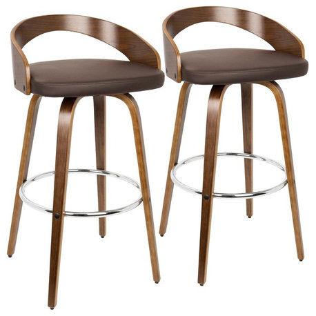 Grotto Modern Swivel Barstool, Set of 2, Walnut Wood, Brown Pu, Chrome