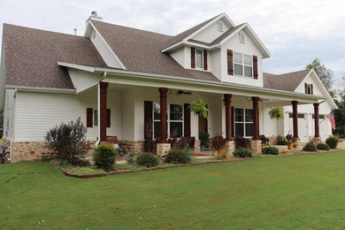 Mid-sized contemporary white two-story wood exterior home idea with a shingle roof