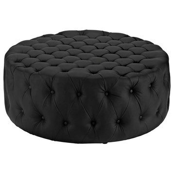 Modern Contemporary Living Lounge Room Ottoman, Black, Faux Vinyl Leather