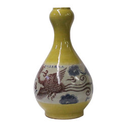 Handmade Ceramic Chinese Phoenix Motif Yellow Glaze Vase cs4768 - Vases