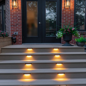 Modern Cedar Pergola, Porcelain Patio & Outdoor Lighting Backyard Renovation