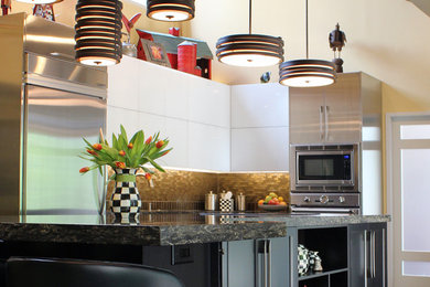 Eat-in kitchen - mid-sized contemporary l-shaped ceramic tile eat-in kitchen idea in Other with a farmhouse sink, flat-panel cabinets, white cabinets, solid surface countertops, black backsplash, mosaic tile backsplash, stainless steel appliances and an island