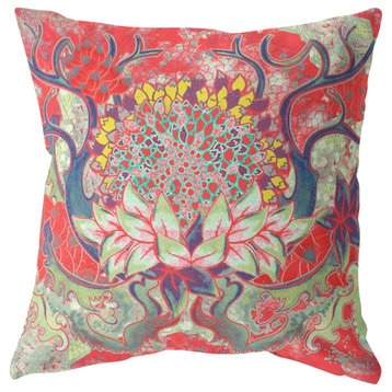 16" Red Green Flower Bloom Suede Throw Pillow