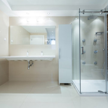 Modern Bathroom with Rolling Shower Doors and Vanity Mirror