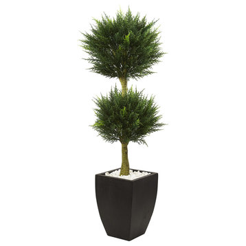 4.5' Cypress Topiary With Black Planter, UV Resistant, Indoor and Outdoor, Green