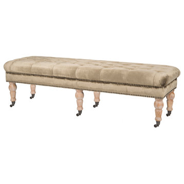 Transitional Accent Bench, Wheeled Carved Legs & Nailhead Trim, Antique Sage