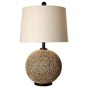 Woven Natural Rattan Ball Table Lamp With Bronze Base And Cap - Linen Hardback