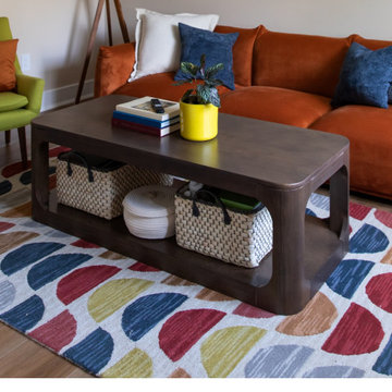 Mid-Century Inspired Media Room with Colorful Rug