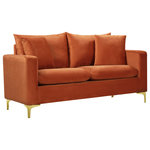 Meridian Furniture - Naomi Velvet Upholstered Loveseat, Cognac - Curl up with a good book from the welcoming confines of this Naomi Cognac Velvet Loveseat. The color of this loveseat adds a bold touch to your decor and shakes up otherwise neutral color schemes. Plush velvet material feels cozy and comfortable against your skin, while deep seat cushions provide lots of room for you to stretch your legs. This loveseat comes with both gold and chrome legs, so you can customize its look to meet your decor plans. Pillows are included for added homey warmth and comfort.