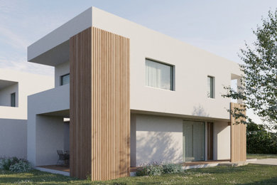 Ispirazione per la facciata di una casa bifamiliare grande bianca contemporanea a due piani con rivestimento in legno, tetto piano e pannelli e listelle di legno