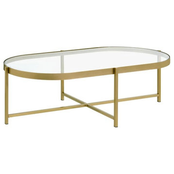 Contemporary Coffee Table, Oval Design With Golden Frame and Tempered Glass Top