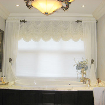 Rodpocket Draperies with Austrian Shade over Honeycomb Shade