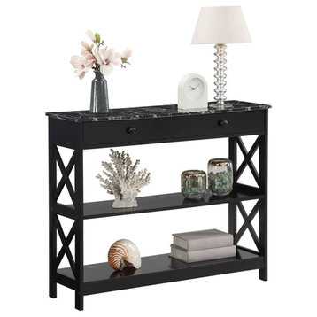 Oxford One-Drawer Console Table with Shelves in Black Wood and Faux Marble Top