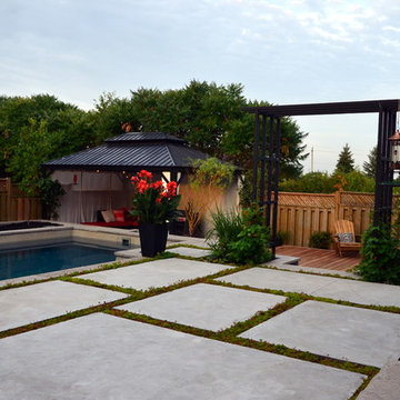 Modern Landscape with Fiberglass Pool, slab patio, water feature and more!
