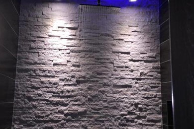 Inspiration for a modern master white tile and stone tile bathroom remodel in Dallas