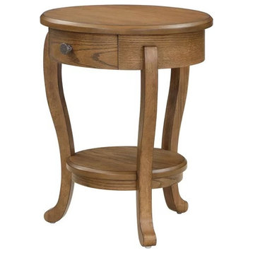 Vintage End Table, Round Design With Curved Legs & Storage Drawer, Dark Brown