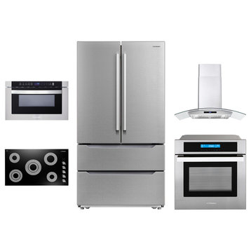 5PC, 36" Cooktop 36" Range Hood 30" Wall Oven 30" Microwave & Refrigerator