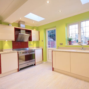 Large eclectic kitchen pantry remodeling - Example of a large eclectic kitchen pantry design in Essex with an integrated sink, flat-panel cabinets, red backsplash, glass sheet backsplash, stainless steel appliances and no island