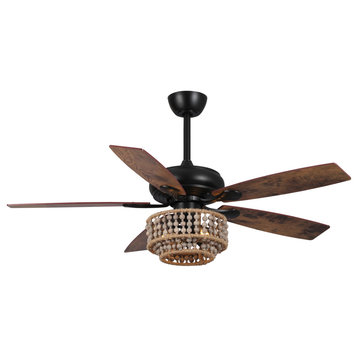 52in Indoor Matte Black Farmhouse Dual Tiers Wood Beads Ceiling Fan with Remote