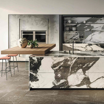 Modern kitchen with black and white marble look porcelain slabs