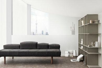 Mid-sized minimalist open concept ceramic tile living room library photo in San Francisco with white walls, no fireplace and no tv
