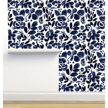 Navy Floral Pattern Wallpaper, Sample 12"x8"