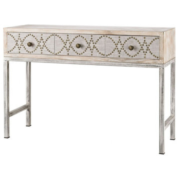 3-Drawer Console Table Patterned Antique Brass Nail Heads and Natural Linen