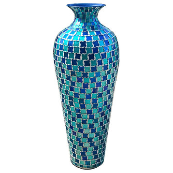 Geometric Pattern Metal Floor Vase with Glass Mosaic in Blue & Turquoise Tessell