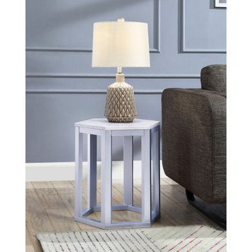 Modern End Table, Hexagonal Design With Open Wood Base & Marble Top, Silver/Gray