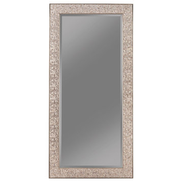 Rectangular Beveled Accent Floor Mirror With Glitter Mosaic Pattern, Silver