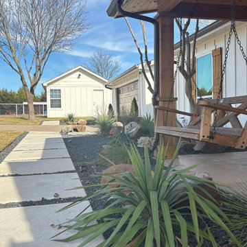 Concrete Stepping Stone Walkway With Gravel and Porch Swing