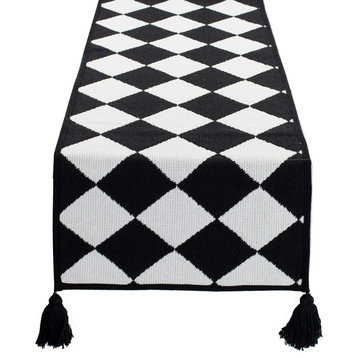 Black and White Woven Table Runner, 14x71 Inch, Diamond