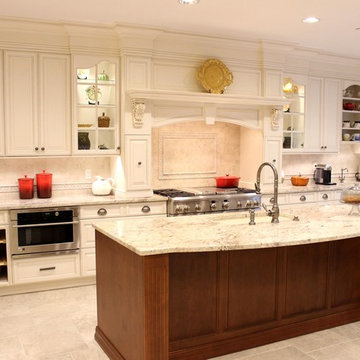 Traditional Mediterranean Off White & Brown Kitchen with custom wood hood