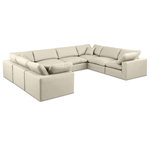 Meridian Furniture - Comfy Upholstered U-Shaped Modular Sectional, Cream, 8-Piece: 4 Armless Chair, 4 Corner Chair, Vegan Leather - Give your space a whole new look with this cream Comfy vegan leather sectional. This handsome sectional fits nicely with other items in the Comfy collection and is a versatile seating option designed for adaptability, comfort and style. Wrapped in rich cream durable vegan leathered upholstery, this sectional offers a plush embrace of overstuffed down feather cushions, carefully crafted to deliver the highest level of comfort. The perfect seat for creating an oasis for relaxation, this sectional has thick foam surrounding its frame for added support and coziness.