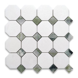 Stone Center Online - Thassos White Marble Octagon Mosaic Tile Sagano Green Dots Honed, 1 sheet - Mosaic Tile